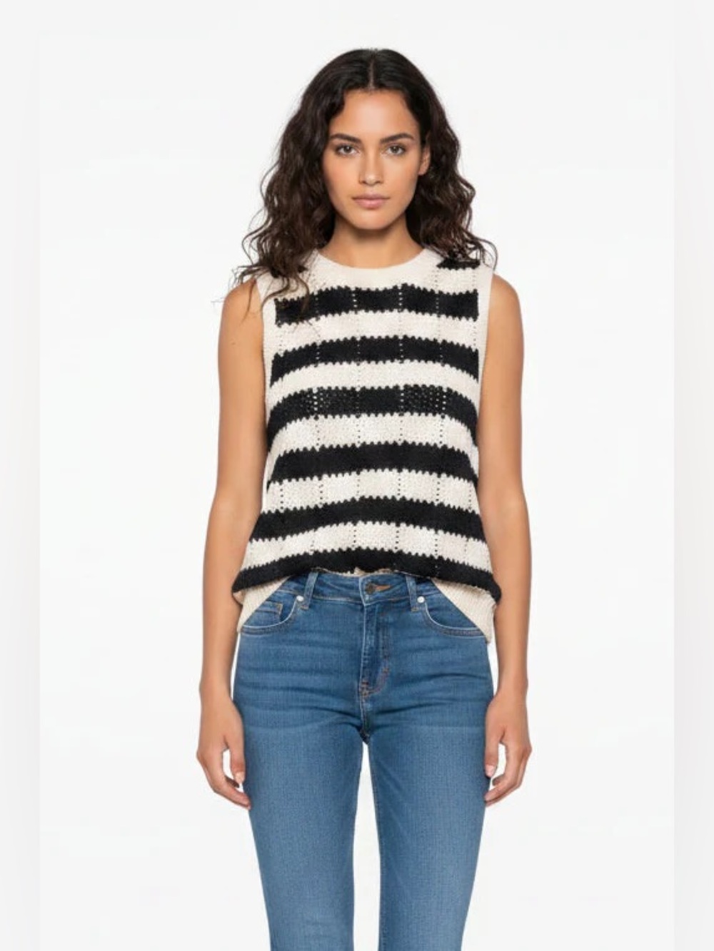 THE UPSIDE Queens Nelson Sweater Vest XS Navy Cream Striped Open Knit Tank